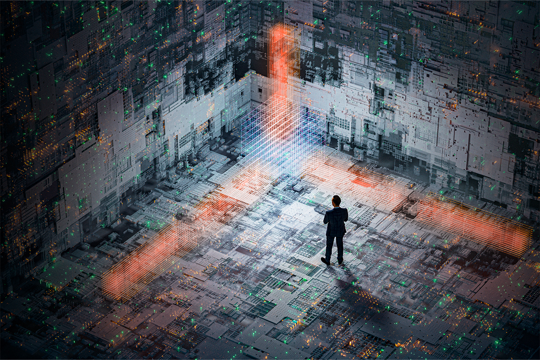 Abstract image of man standing in a computer board world