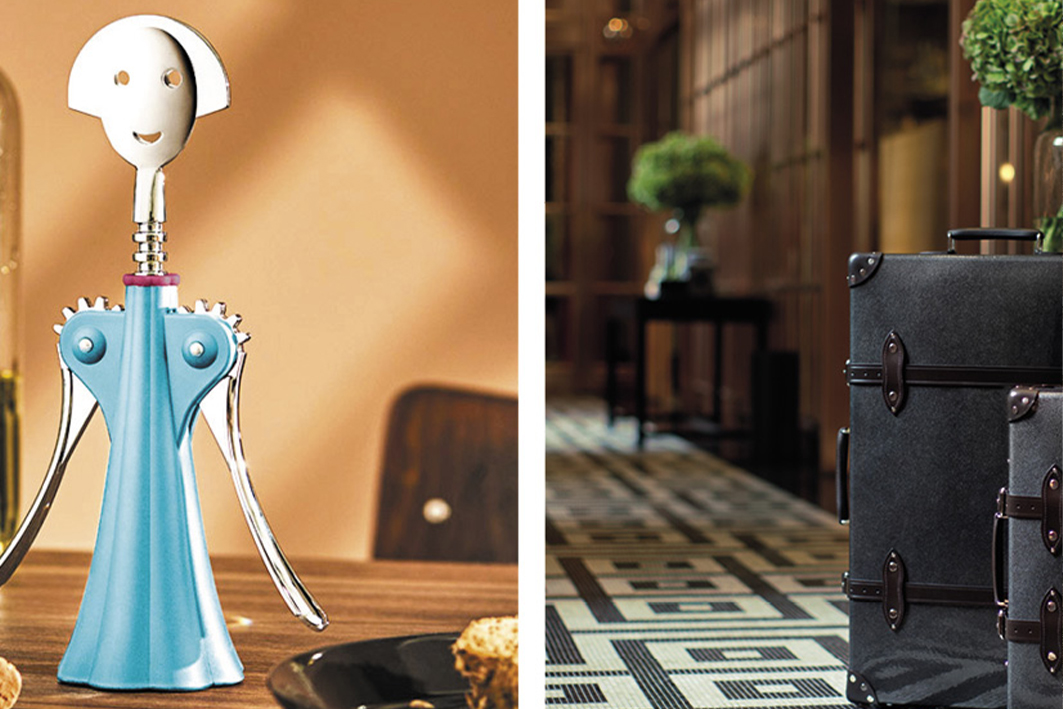 Picture split showing a bottle opener and some luggage