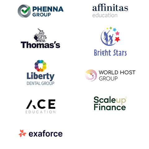 Logos of follow-on investment companies – phenna group, affinitas education, thomas's, bright stars, liberty dental group, world host group, ace education, scaleup finance and exaforce
