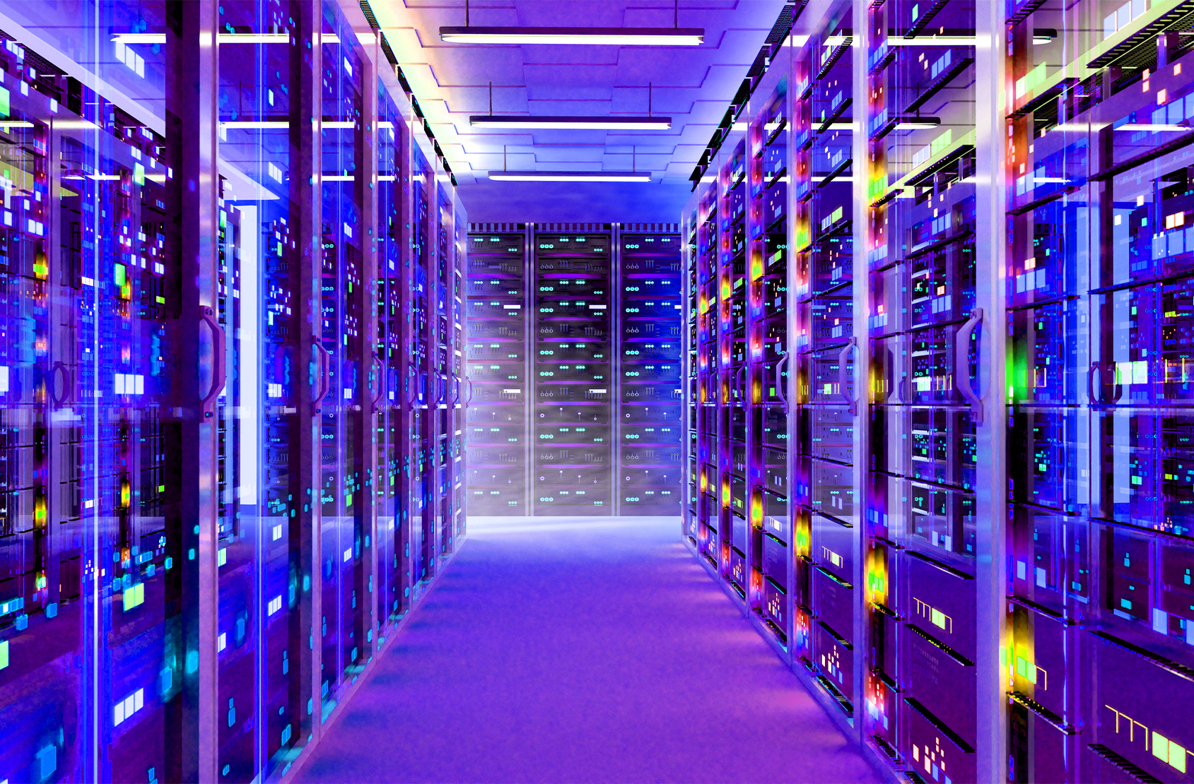 Interior of big modern server room. 3d rendering illustration