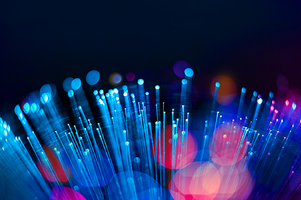 Fiber optics close-up, focal point on distant fibres