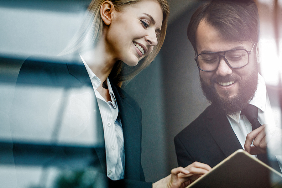 Team partners, glass office, reflection, digital tablet