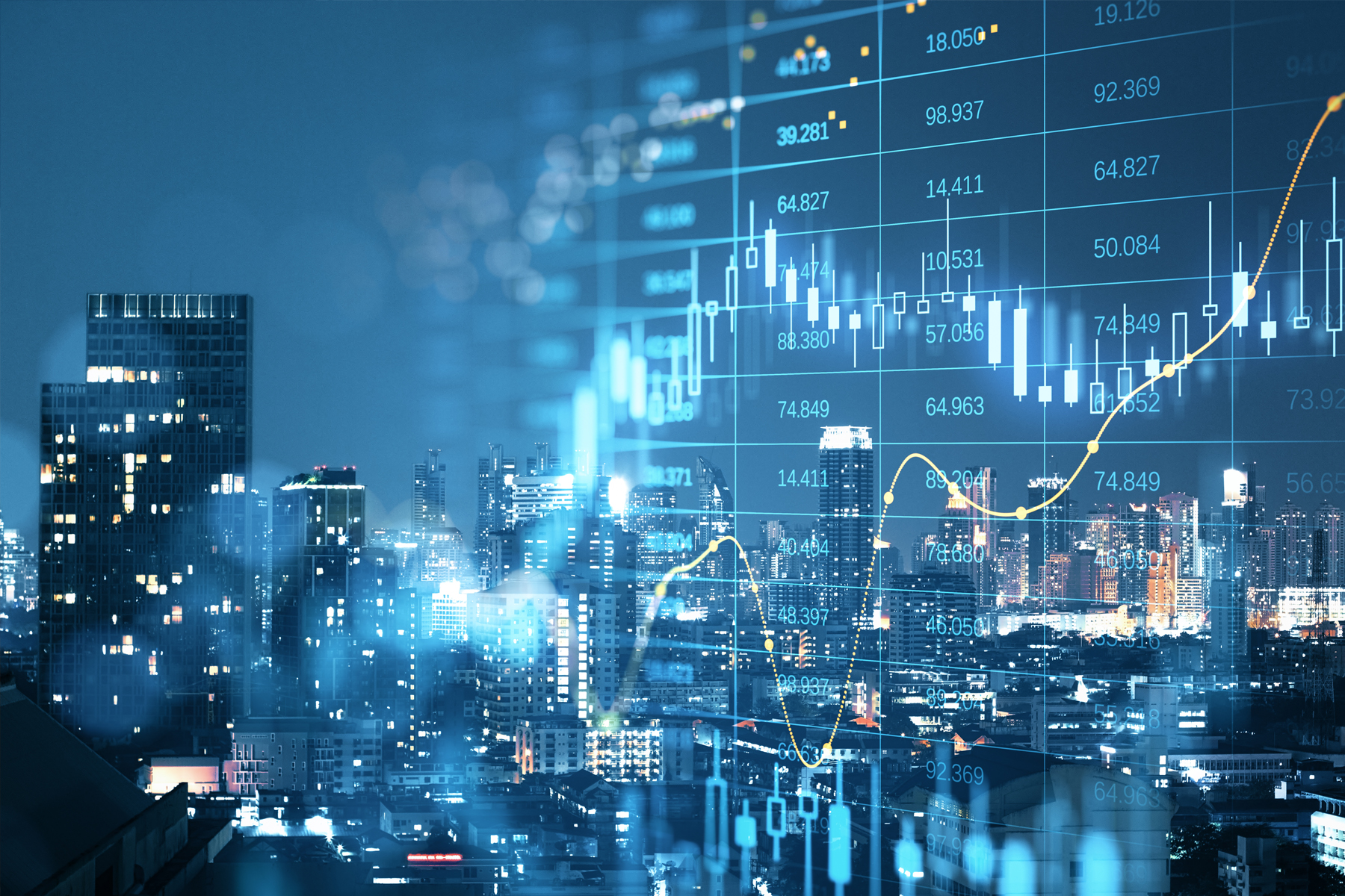 Abstract image of night time city skyline overlaid with financial information.