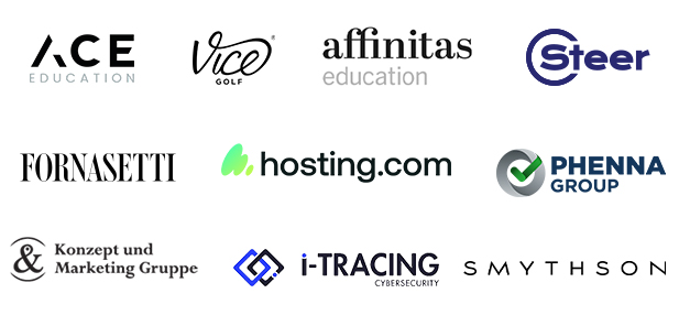 Logos: Fornasetti, affinitas education, Steer automotive, hosting.com, i-Tracing, ACE Education, Vice Golf, Phenna Group, K&M Group and Smythson