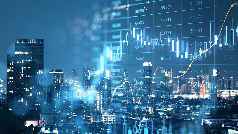 Abstract image of night time city skyline, overlaid with financial information