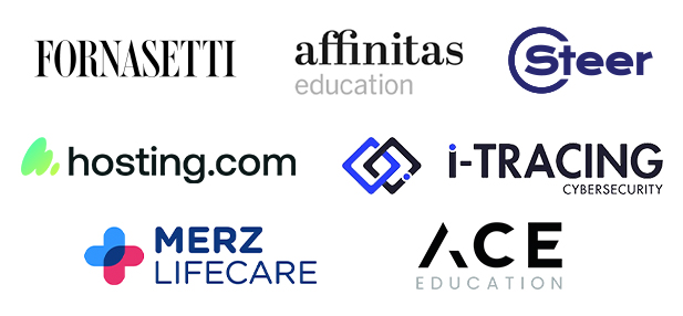 Logos: Fornasetti, affinitas education, Steer automotive, hosting.com, i-Tracing, Merz Lifecare and ACE Education